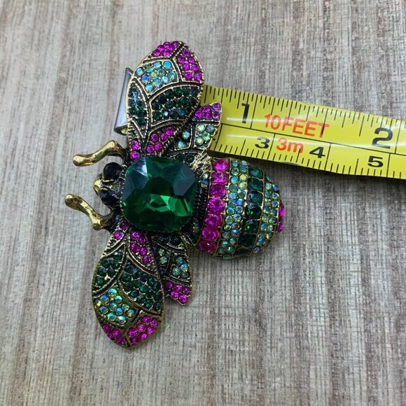 Bubble Bee Insect Green Pink Crystal Gold Tone Brooch - Picture 7 of 7